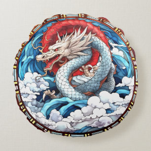 Asiatischer Mythischer Drache in Rot und Blau Rundes Kissen