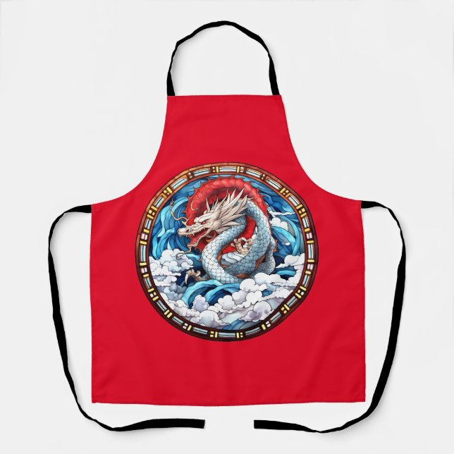 Asiatischer Mythischer Drache in Rot und Blau Schürze (Vorderseite)