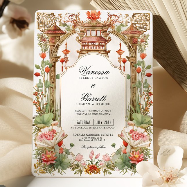 Asiatischer Roter Lotus und Fan Wedding Tee Zeremo Einladung (Von Creator hochgeladen)
