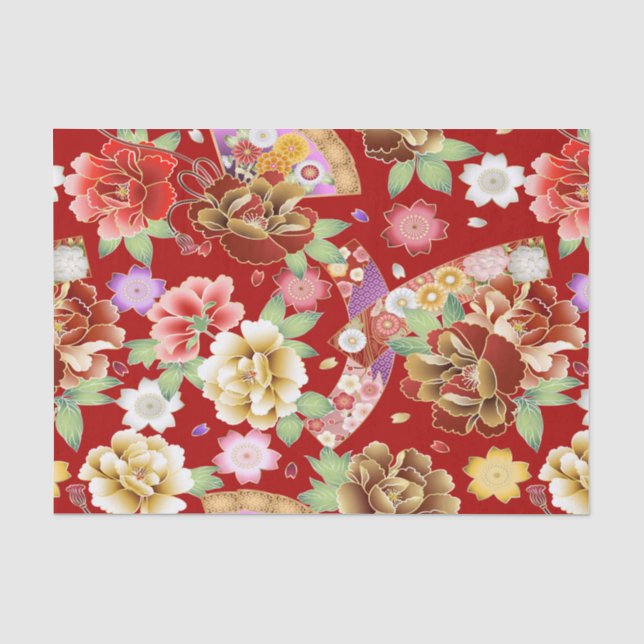 Asiatischer Roter Roter Rosa Modernes Blau Seidenpapier (Vorderseite)