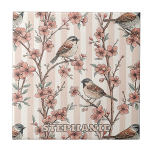 Asiatischer Spatz Kirschblüten Pfirsichstreifen Fliese