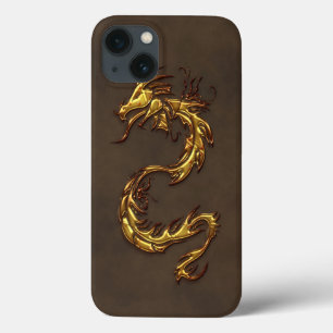 Asiatischer Stammes- Golddrache u. Imitat-Leder iPhone 13 Hülle