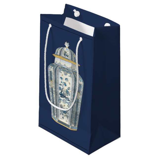 Asiatischer Urner in Blau und Weiß Kleine Geschenktüte (Vorderseite Schrägansicht)