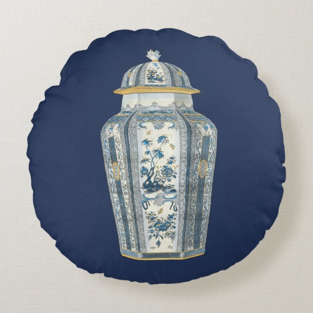 Asiatischer Urner in Blau und Weiß Rundes Kissen (Vorderseite)