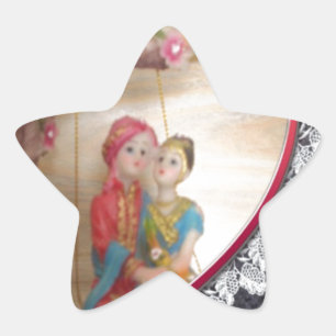 Asiatisches Hochzeitspaar auf Herz-Schwing-Kunstpo Stern-Aufkleber
