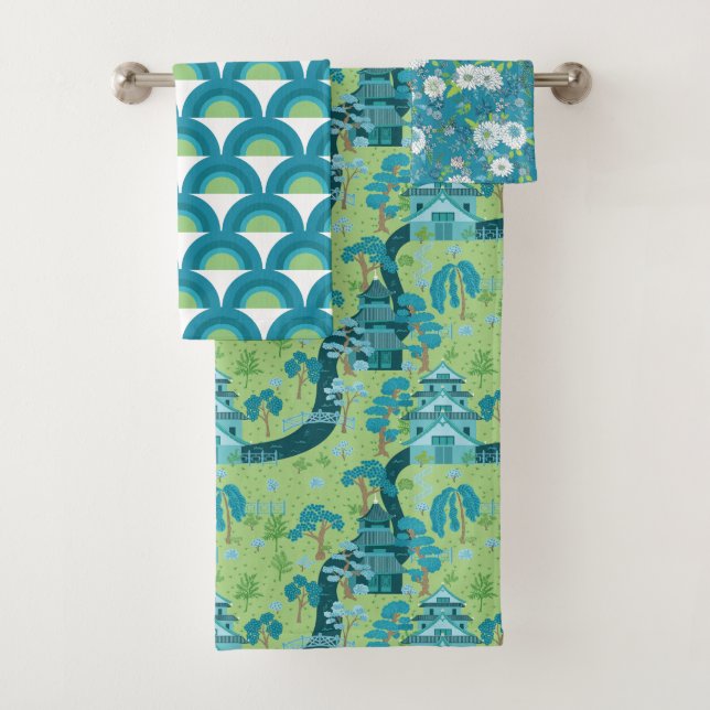 Asiatisches Muster Blau Grün Badhandtuch Set (Insitu)