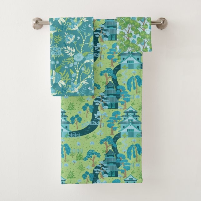 Asiatisches Muster Blau Grün Badhandtuch Set (Insitu)