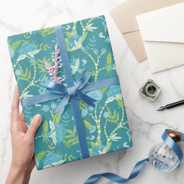 Asiatisches Muster Blau Grün Geschenkpapier (Schenken)