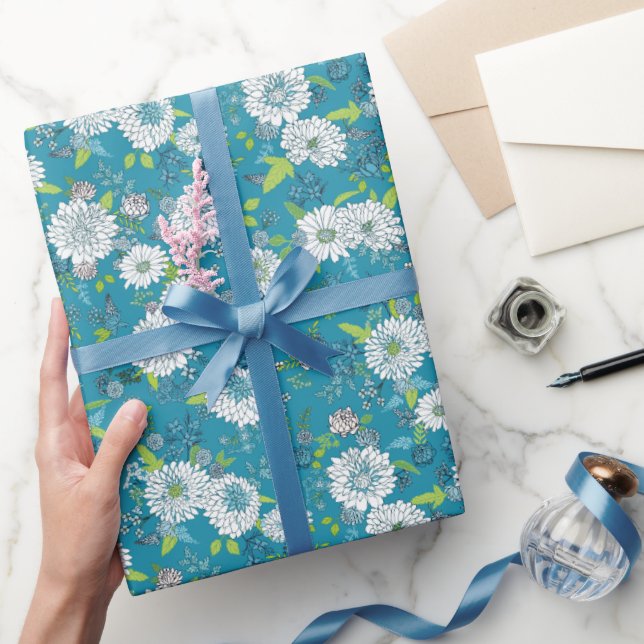Asiatisches Muster Blau Grün Geschenkpapier (Schenken)