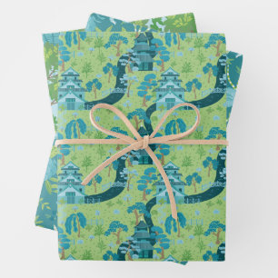 Asiatisches Muster Blau Grün Geschenkpapier Set