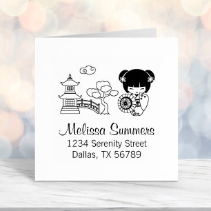 Asiatisches Regenschirmmädchen in Kimono Permastempel