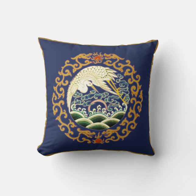 Asiatisches Vogel-Kunst-Kissen im tiefen Blau Kissen (Vorderseite)
