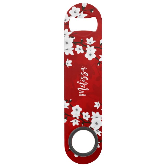 Asie Floral Blanc Cerisier Fleur Rouge Monogramme (Devant)