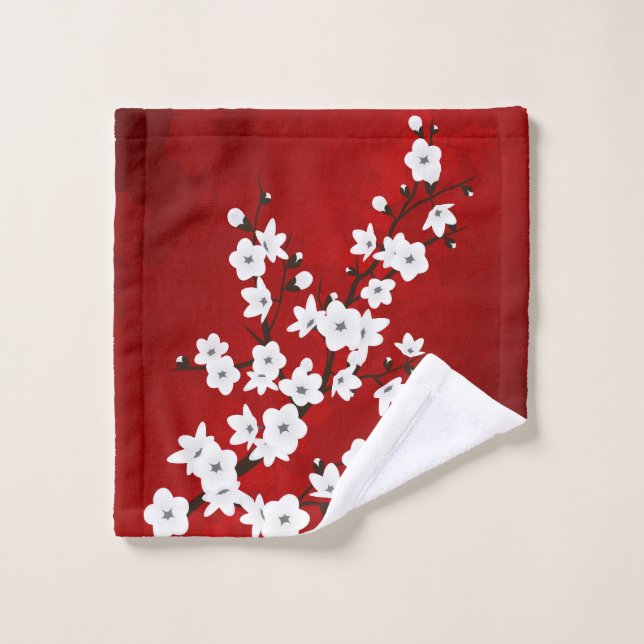 Asie Floral blanc cerisier rouge (Gant de toilette)