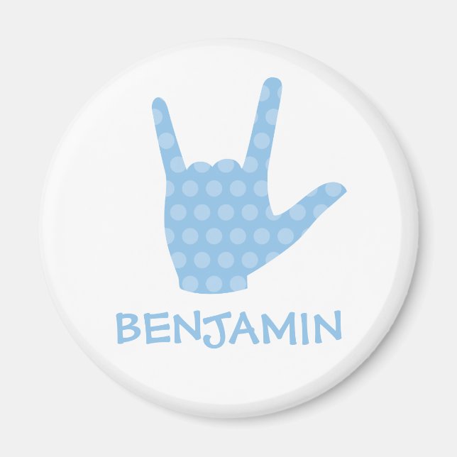 ASL I Love You Blue Dots Signer Langue Nom Magnet (Devant)