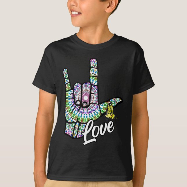 ASL Liebe Sie geben Gebärdensprache Butterfly Deaf T-Shirt (Vorderseite)