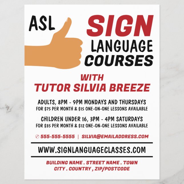 ASL Thumbs-up Gesture Sign Language Course Advert Flyer (Vorne)