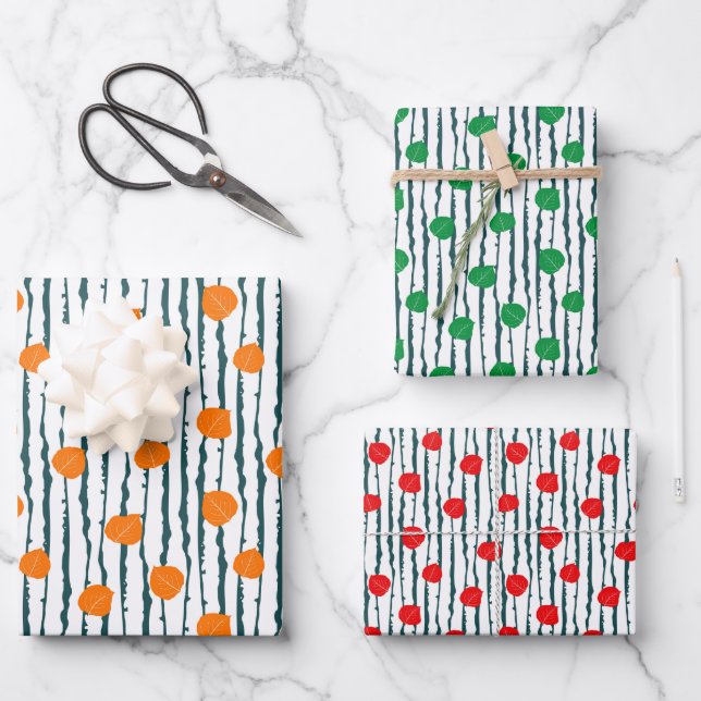 Aspen-Blätter und Tree Bark Fall Orange Red Green Geschenkpapier Set (Vorderseite)