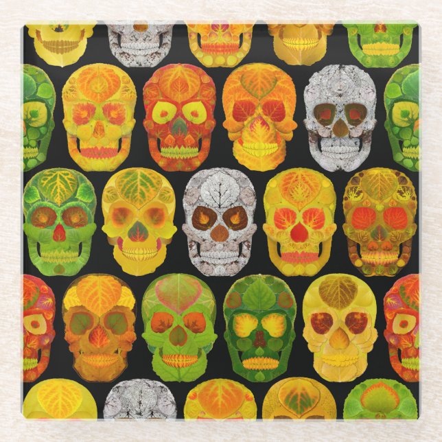 Aspen Leaf Skulls nahtloses Muster 2018 Glasuntersetzer (Vorderseite)