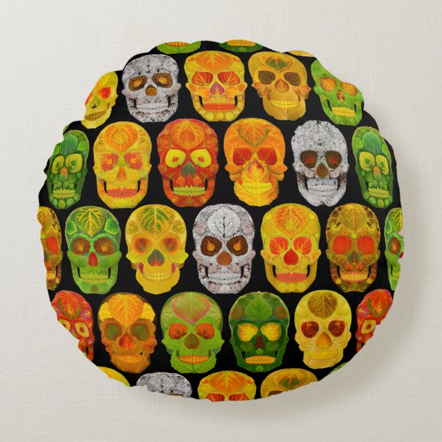 Aspen Leaf Skulls nahtloses Muster 2018 Rundes Kissen (Vorderseite)