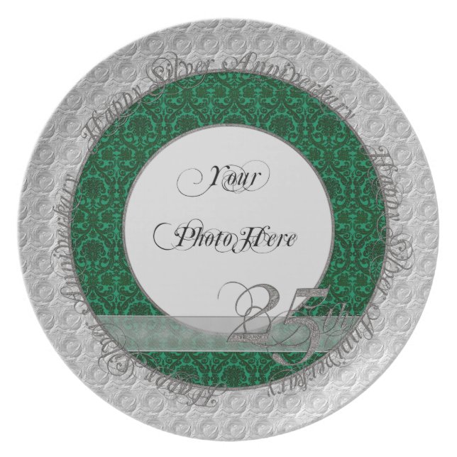 Assiette Argent Anniversaire Photo Plaque Damask Green (Devant)