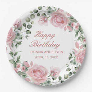 Assiette de fête d'anniversaire Rose Fleur Rose