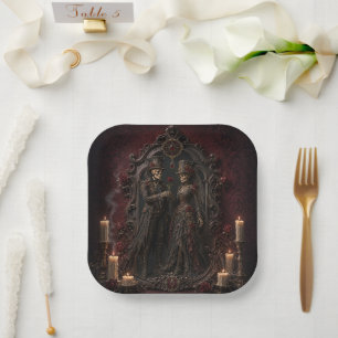 Assiette de fête Halloween pour couple de squelett
