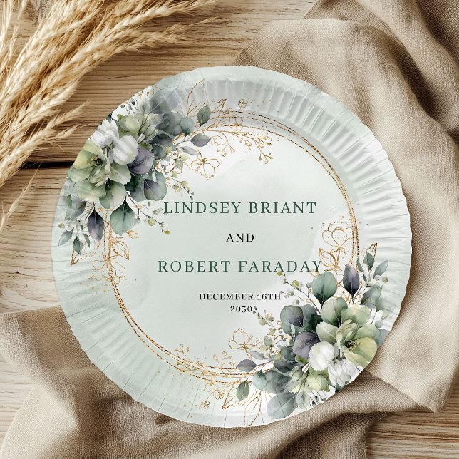 Assiette de mariage personnalisée Boho Dusty Green (Boho Dusty Green Custom Name Foliage Wedding Plates)