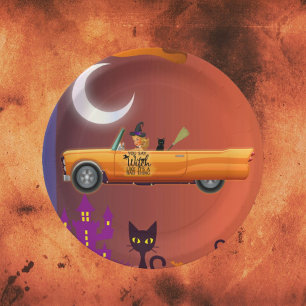 Assiette en carton Halloween Sorcière en voiture