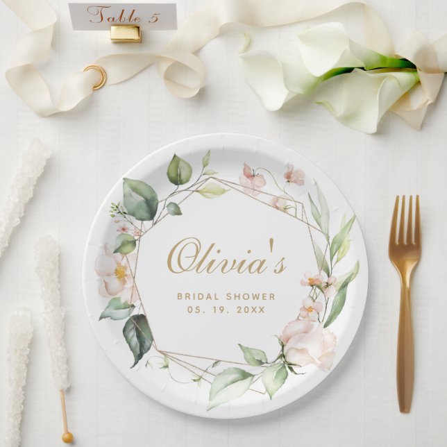Assiette en papier à cadre géométrique doré et flo (Mariage)