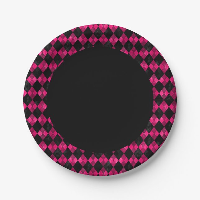 Assiette en papier à carreaux à motif argyle rose  (Devant)