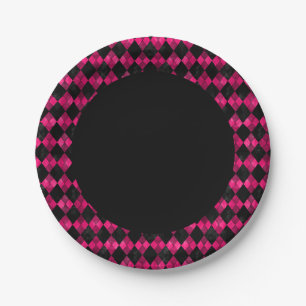 Assiette en papier à carreaux argyles rose et noir