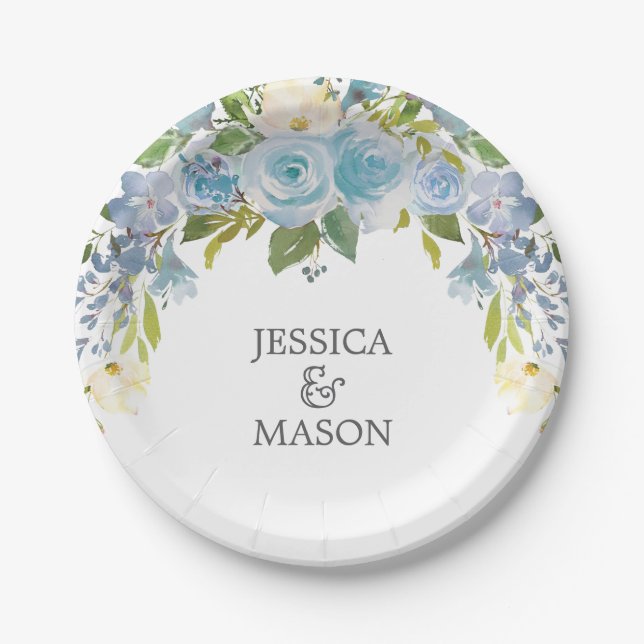 Assiette en papier à fleurs bleu poussiéreux (Devant)