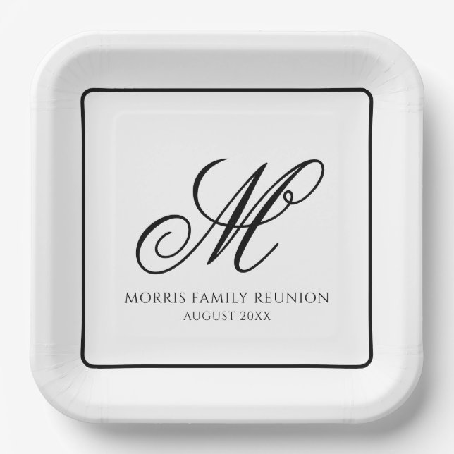 Assiette en papier à monogramme noir et blanc élég (Recto)