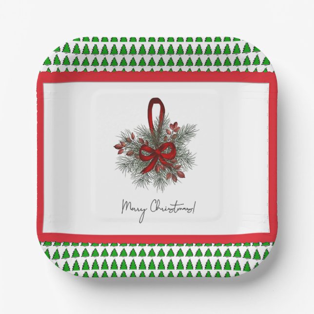 Assiette en papier avec motif sapin et ruban rouge (Recto)