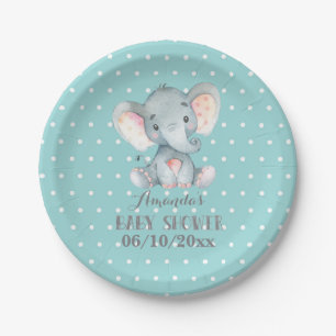 Assiette en papier Baby shower d'éléphant Aqua