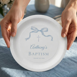 Assiette en papier baptême à ruban bleu moderne