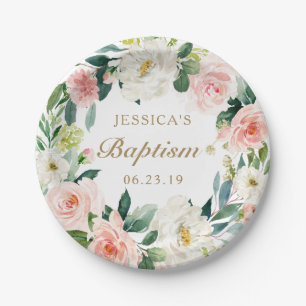 Assiette en papier baptême floral rose