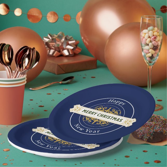 Assiette en papier Bleu Joyeux Noël, Bonne Année (Multi)