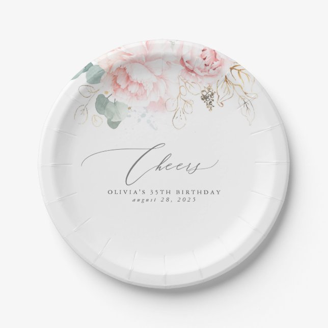 Assiette en papier botanique élégante à fleurs ros (Devant)