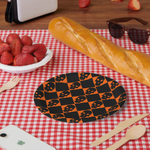 Assiette en papier crâne noir Halloween