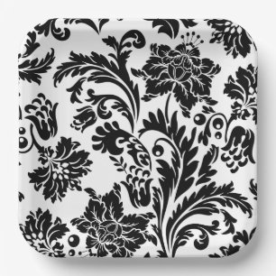 Assiette en papier damassé noir et blanc pour mari