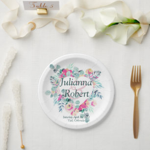 Assiette en papier de mariage à coeur floral aquar