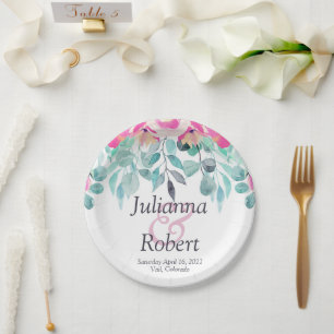 Assiette en papier de mariage floral aquarelle ros