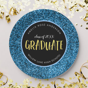 Assiette en papier diplômé paillettes bleues fauss