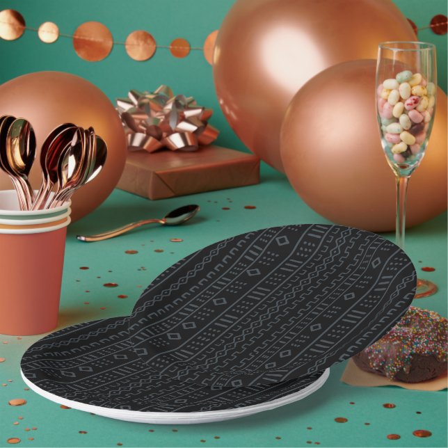 Assiette en papier en mudcloth noir et gris design (Multi)