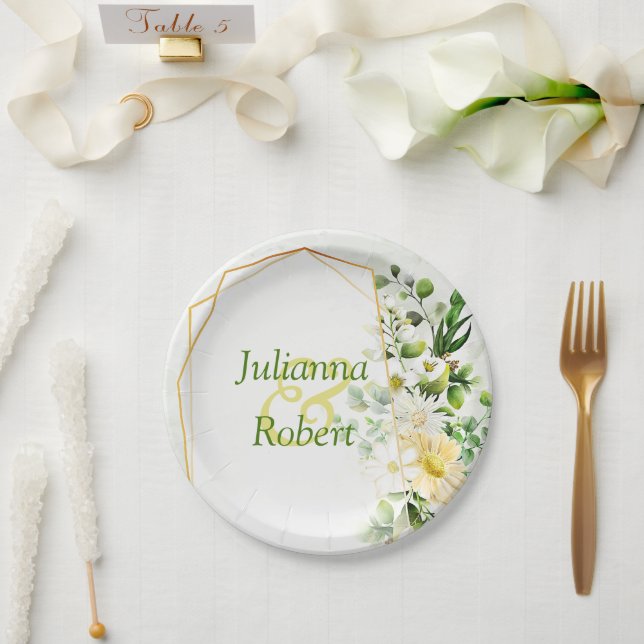 Assiette en papier eucalyptus et marguerites (Mariage)