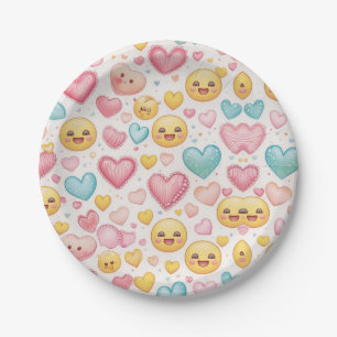 Assiette en Papier Fête de Coeurs Emoji