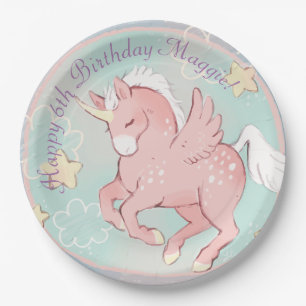 Assiette en papier fille fantaisie licorne Pégase
