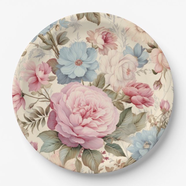 Assiette en papier fleurie bleu rose (Devant)